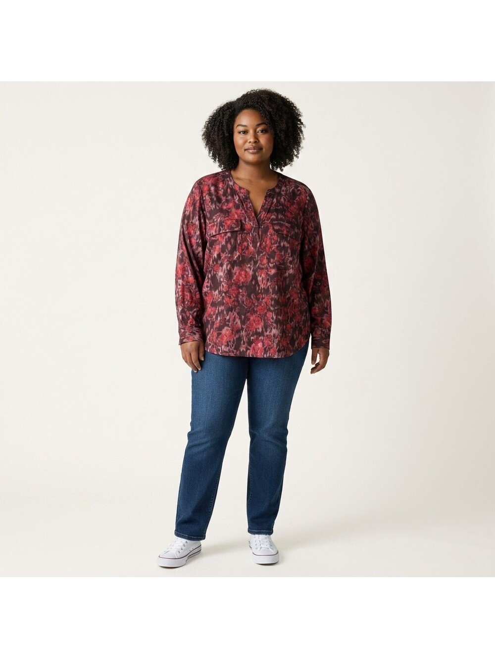 Simply Vera Vera Wang Blouse Women XL Brown Floral V-Neck Long Sleeve Pockets